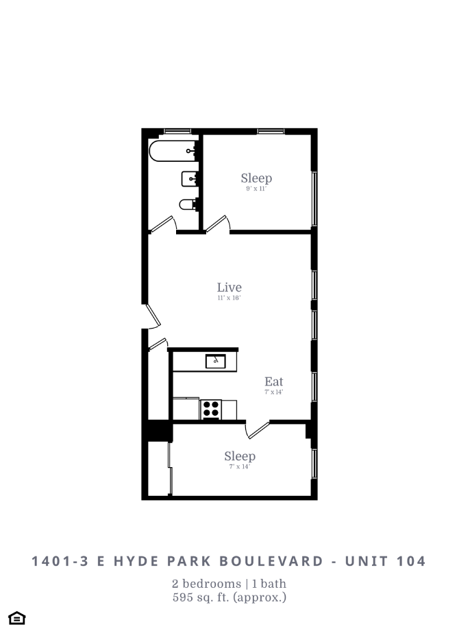 Floor plan for 1 bed, 1 bath, 595 sqft